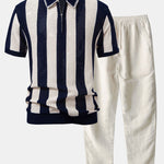 Ensemble — polo zippé en maille rayée ajourée & pantalon en lin à jambe droite