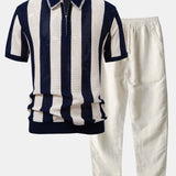 Ensemble — polo zippé en maille rayée ajourée & pantalon en lin à jambe droite