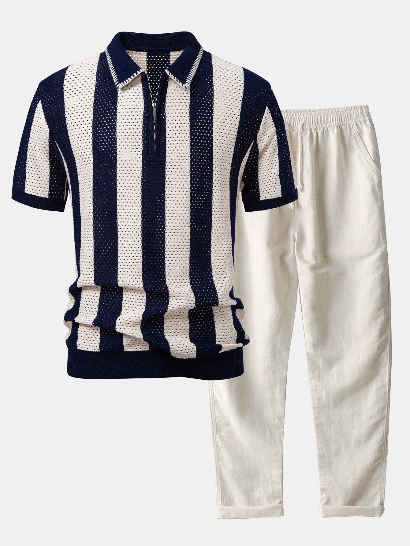 Ensemble — polo zippé en maille rayée ajourée & pantalon en lin à jambe droite