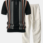 Ensemble — polo zippé en maille rayée & pantalon en lin à jambe droite