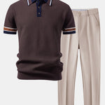 Ensemble — polo en maille gaufrée à bordure rayée contrastante & pantalon fuselé coupe slim