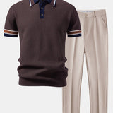 Ensemble — polo en maille gaufrée à bordure rayée contrastante & pantalon fuselé coupe slim