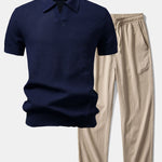 Ensemble — polo en maille crochetée texturée à col Johnny & pantalon texturé froissé