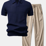 Ensemble — polo en maille crochetée texturée à col Johnny & pantalon texturé froissé