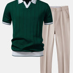 Ensemble — polo côtelé en maille à col Johnny et bordure contrastante & pantalon fuselé