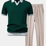 Ensemble — polo côtelé en maille à col Johnny et bordure contrastante & pantalon fuselé
