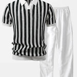 Ensemble Capucine — polo en maille ajourée rayée à col Johnny & pantalon en lin à jambe droite