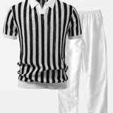 Ensemble Capucine — polo en maille ajourée rayée à col Johnny & pantalon en lin à jambe droite