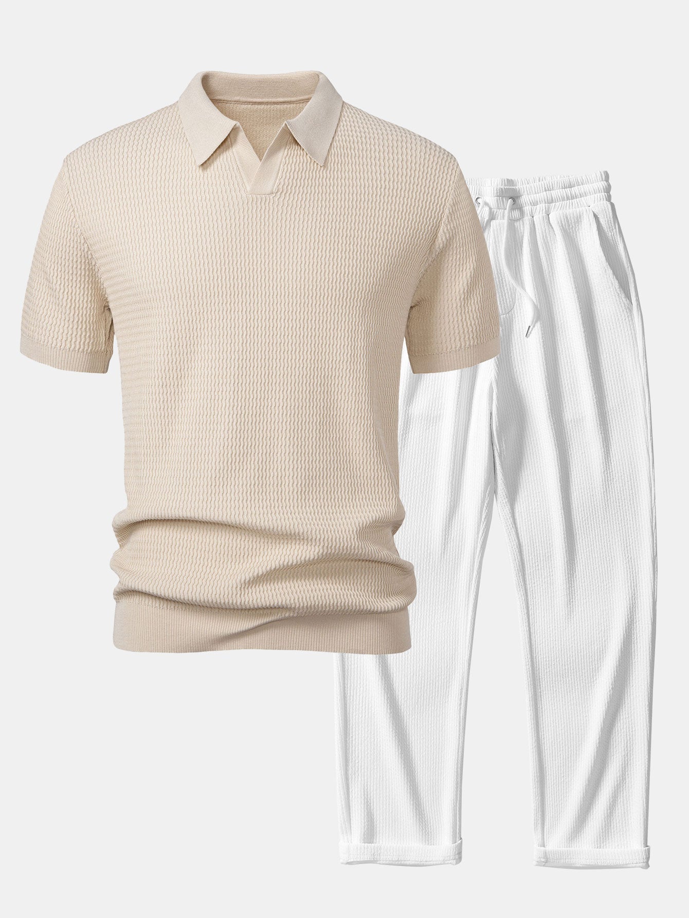 Ensemble — polo en maille jacquard à vagues et col V & pantalon côtelé à jambe droite