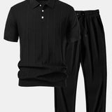 Ensemble — polo en maille jacquard rayée & pantalon côtelé à jambe droite