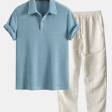 Ensemble — polo gaufré à manches courtes & pantalon en lin à jambe droite
