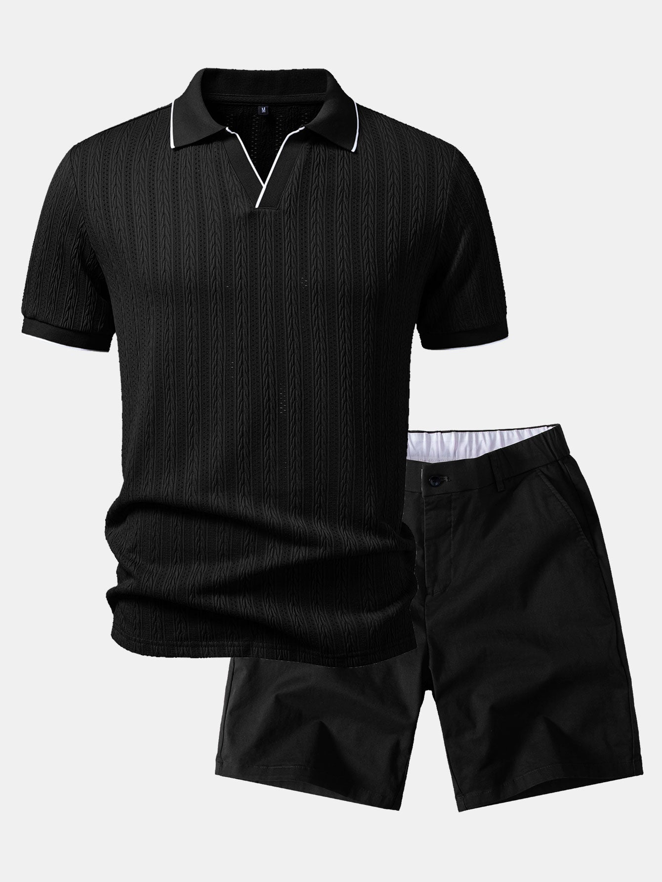 Ensemble — polo jacquard géométrique à col Johnny & short chino à taille élastique