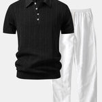 Ensemble — polo en maille ajourée de lin rayé & pantalon en lin à jambe droite