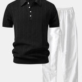Ensemble — polo en maille ajourée de lin rayé & pantalon en lin à jambe droite