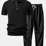 Ensemble — polo en maille ajourée de lin rayé & pantalon en lin à jambe droite