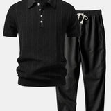 Ensemble — polo en maille ajourée de lin rayé & pantalon en lin à jambe droite