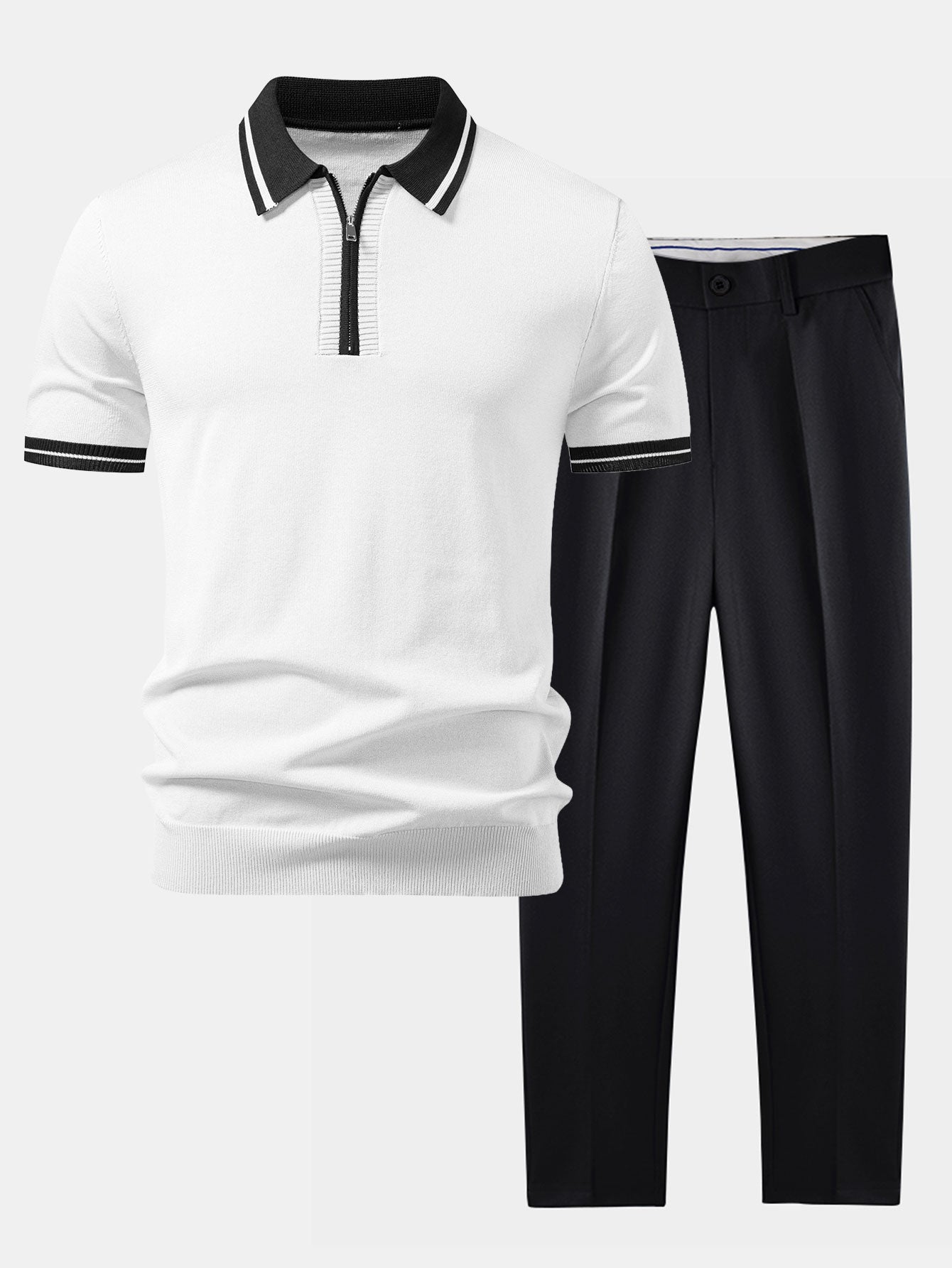 Ensemble Améline — polo zippé en maille à bordure contrastante & pantalon fuselé coupe slim