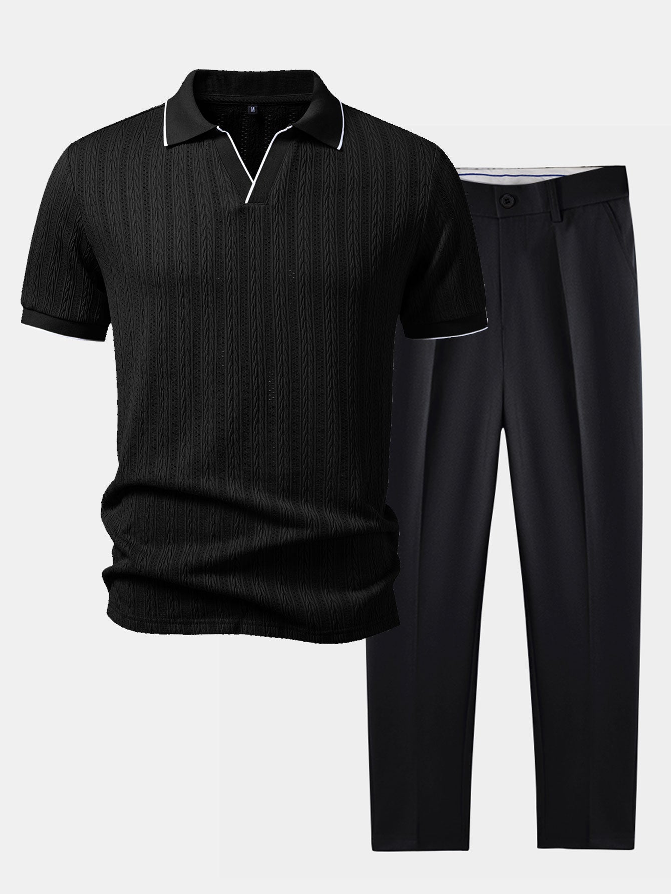 Ensemble — polo jacquard géométrique à col Johnny & pantalon fuselé coupe slim