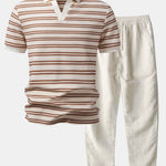 Ensemble Améline — polo gaufré rayé à col Johnny & pantalon en lin à jambe droite