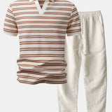 Ensemble Améline — polo gaufré rayé à col Johnny & pantalon en lin à jambe droite