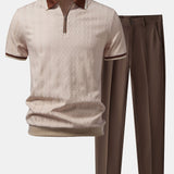 Ensemble Améline — polo zippé en maille texturée à bordure contrastante & pantalon fuselé