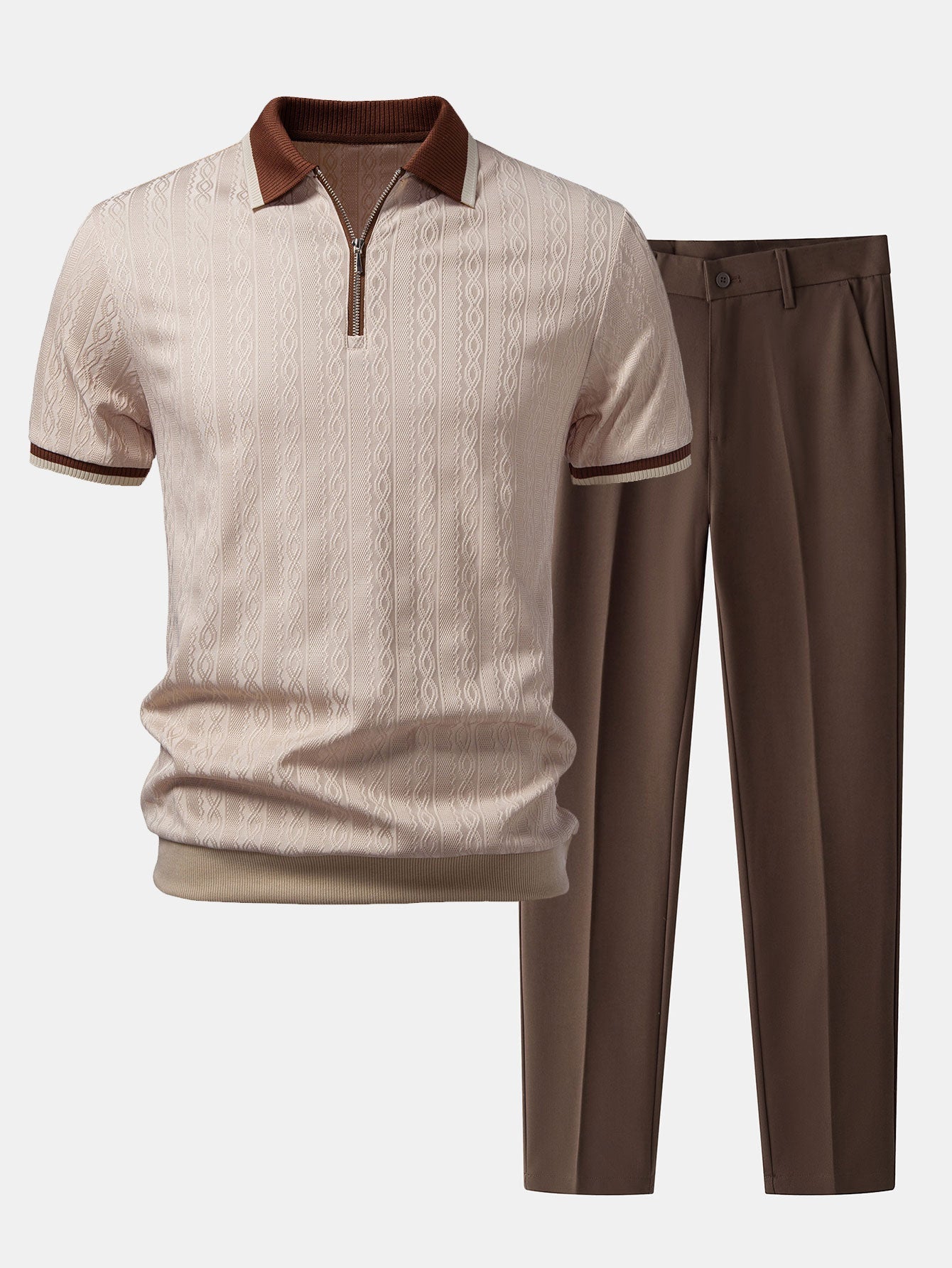 Ensemble Améline — polo zippé en maille texturée à bordure contrastante & pantalon fuselé