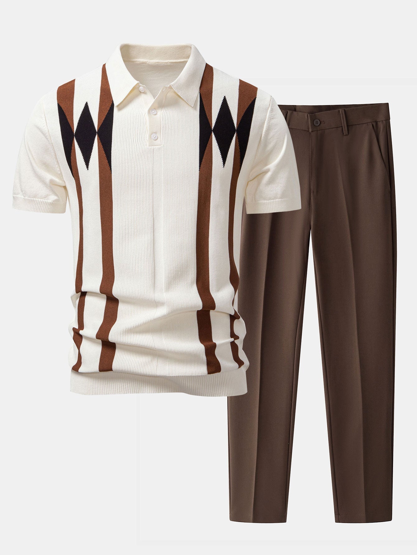 Ensemble Capucine — polo en maille jacquard géométrique rayée & pantalon fuselé