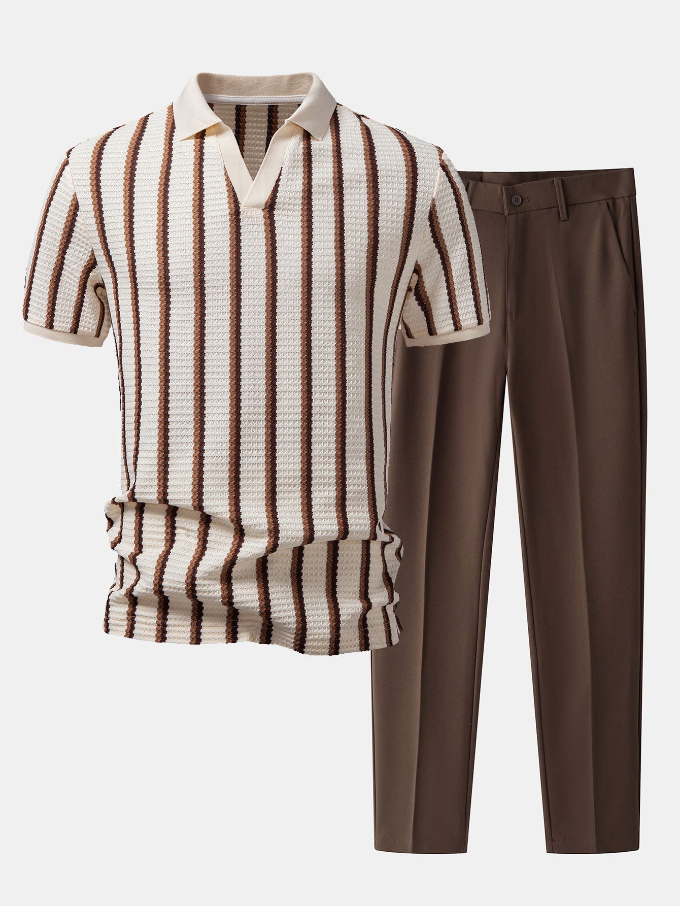 Ensemble Améline — polo gaufré rayé à col Johnny & pantalon fuselé coupe slim