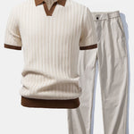 Ensemble — polo en maille texturée contrastante à col Johnny & pantalon à taille élastique