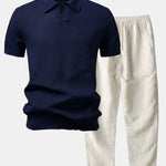 Ensemble — polo en maille crochetée texturée à col Johnny & pantalon en lin
