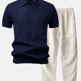 Ensemble — polo en maille crochetée texturée à col Johnny & pantalon en lin