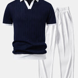 Ensemble — polo en maille jacquard géométrique contrastante & pantalon côtelé à jambe droite
