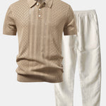 Ensemble Améline — polo en maille ajourée jacquard géométrique & pantalon en lin à jambe droite
