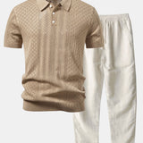 Ensemble Améline — polo en maille ajourée jacquard géométrique & pantalon en lin à jambe droite