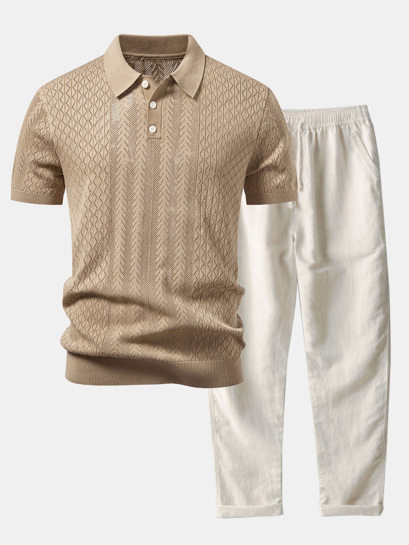 Ensemble Améline — polo en maille ajourée jacquard géométrique & pantalon en lin à jambe droite