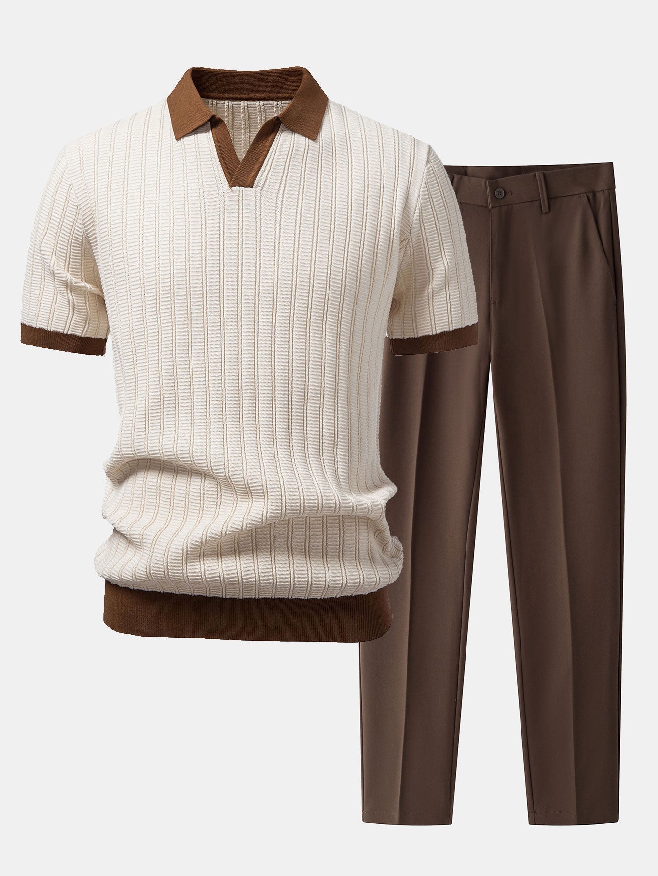 Ensemble — polo texturé contrastant à col Johnny & pantalon fuselé coupe slim
