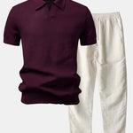 Ensemble — polo en maille crochetée texturée à col Johnny & pantalon en lin