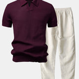 Ensemble — polo en maille crochetée texturée à col Johnny & pantalon en lin