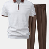 Ensemble Améline — polo zippé en maille texturée à bordure contrastante & pantalon fuselé