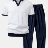 Ensemble — polo en maille jacquard géométrique contrastante & pantalon côtelé à jambe droite