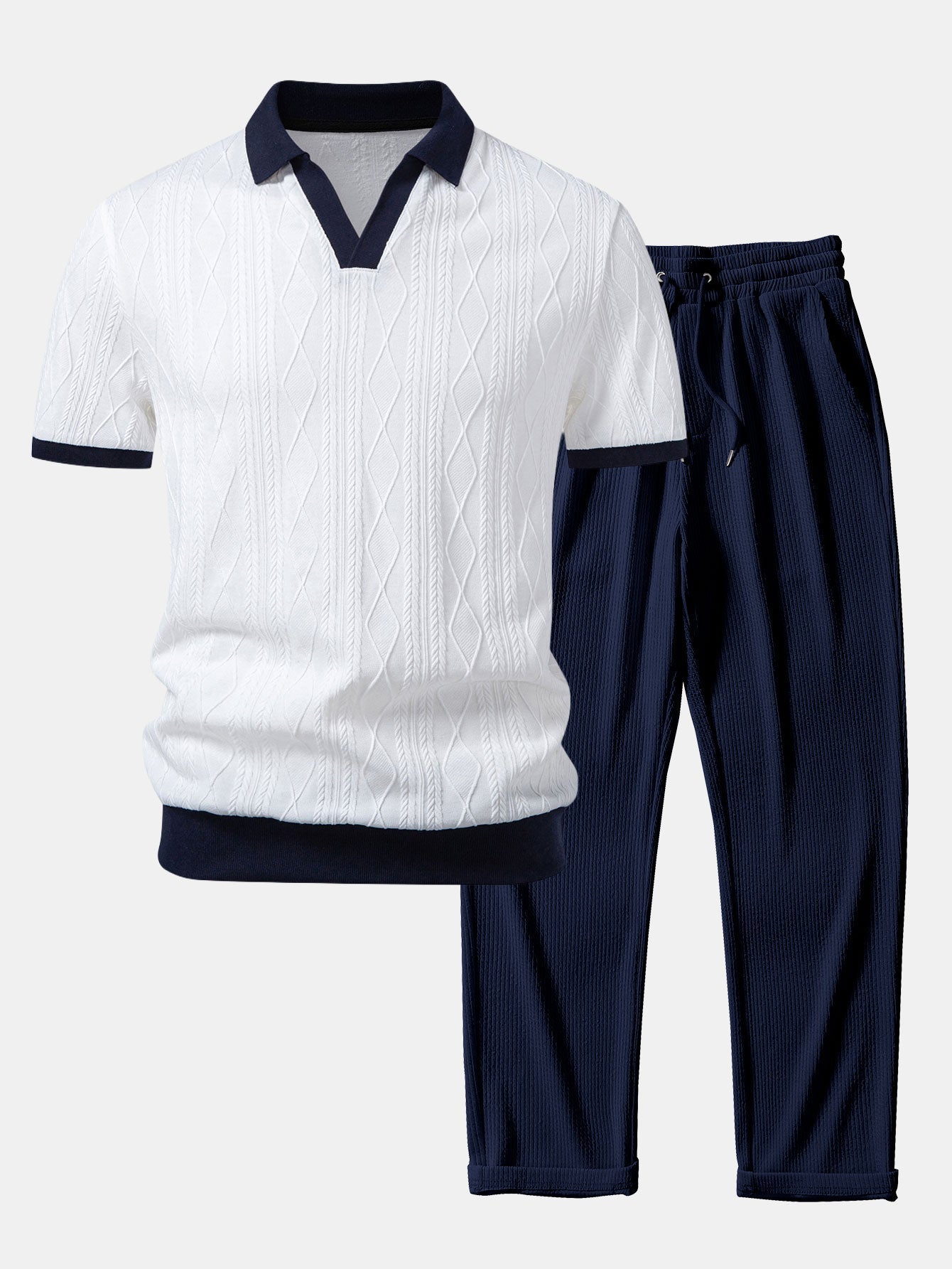 Ensemble — polo en maille jacquard géométrique contrastante & pantalon côtelé à jambe droite