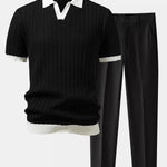 Ensemble — polo texturé contrastant à col Johnny & pantalon fuselé coupe slim