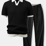 Ensemble — polo en maille texturée contrastante à col Johnny & pantalon à taille élastique