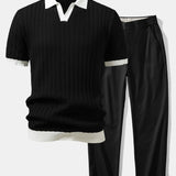 Ensemble — polo en maille texturée contrastante à col Johnny & pantalon à taille élastique