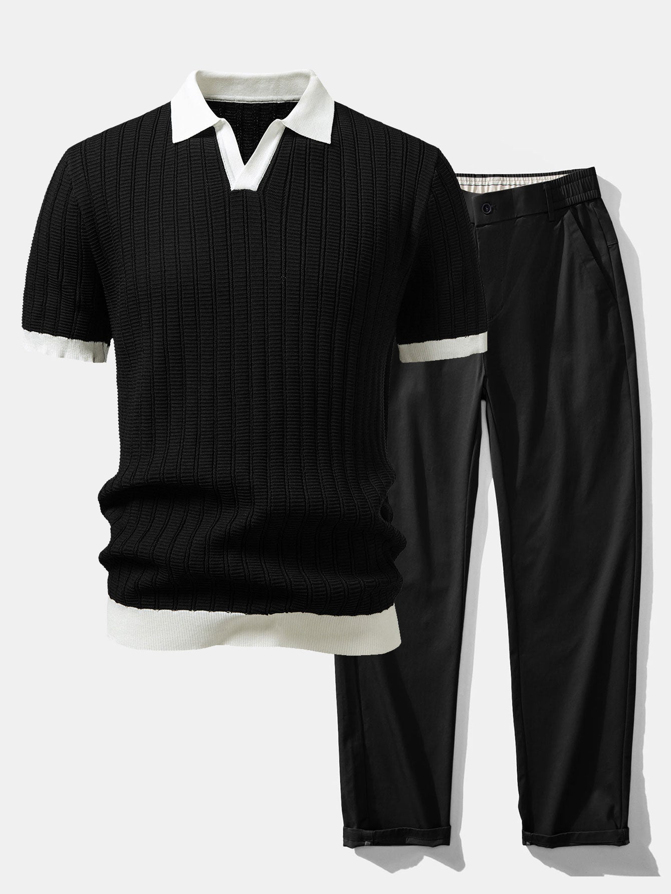 Ensemble — polo en maille texturée contrastante à col Johnny & pantalon à taille élastique