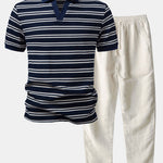 Ensemble Améline — polo gaufré rayé à col Johnny & pantalon en lin à jambe droite