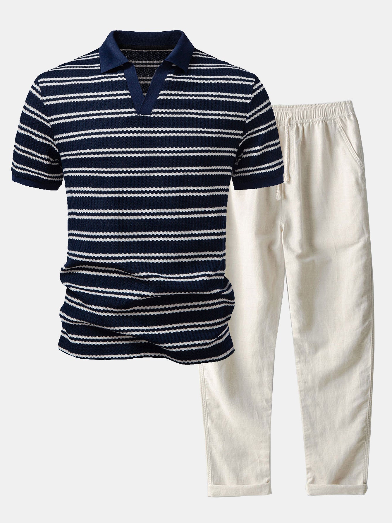 Ensemble Améline — polo gaufré rayé à col Johnny & pantalon en lin à jambe droite