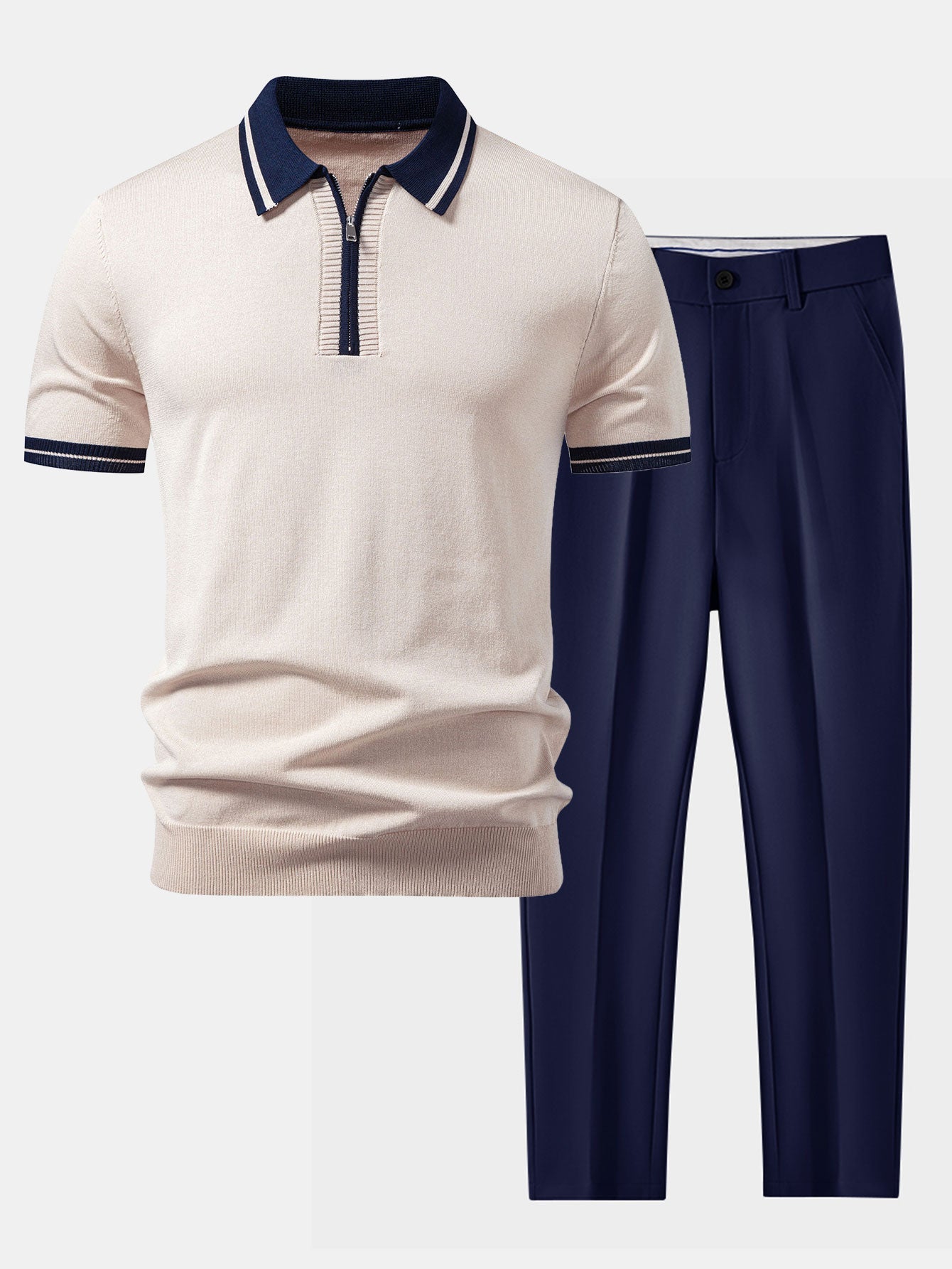 Ensemble Capucine — polo zippé en maille à bordure contrastante & pantalon fuselé coupe slim