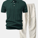 Ensemble Améline — polo en maille ajourée jacquard géométrique & pantalon en lin à jambe droite
