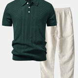 Ensemble Améline — polo en maille ajourée jacquard géométrique & pantalon en lin à jambe droite